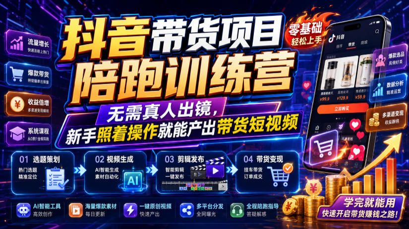 抖音带货项目陪跑训练营，无需真人出镜，新手照着操作就能产出带货短视频(更新0811)-资源共享