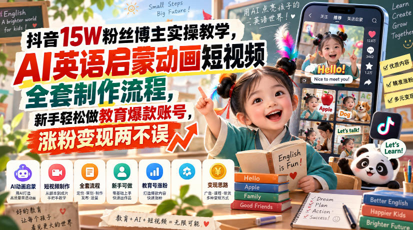 抖音15W粉丝博主实操教学，AI英语启蒙动画短视频全套制作流程，新手轻松做教育爆款账号，涨粉变现两不误-资源共享