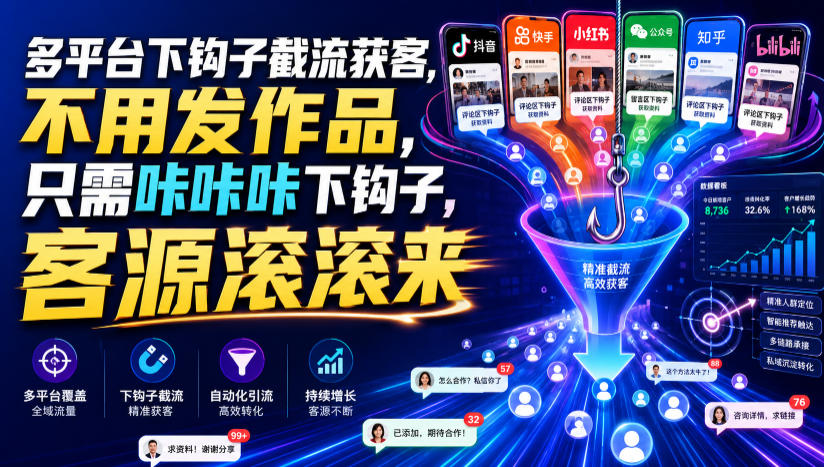 多平台下钩子截流获客，不用发作品，只需咔咔咔下钩子，客源滚滚来-资源共享