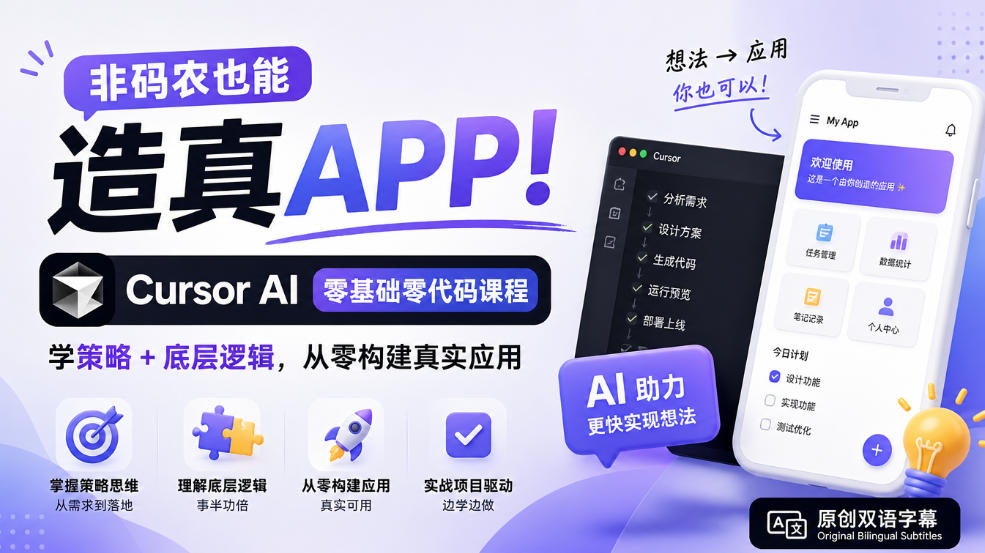 非码农也能造真APP!Cursor AI零基础零代码课程:学策略+底层逻辑,从零构建真实应用【原创双语字幕】-资源共享