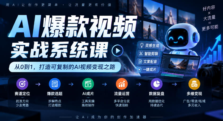 AI爆款视频实战系统课|赛道定位、爆款选题、AI成片、流量运营、数据复盘、多维变现全链路教学-资源共享