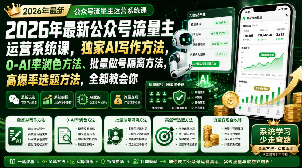 2026年最新公众号流量主运营系统课,独家AI写作方法,0-AI率润色方法、批量做号隔离方法、高爆率选题方法,全都教会你(更新1009)-资源共享