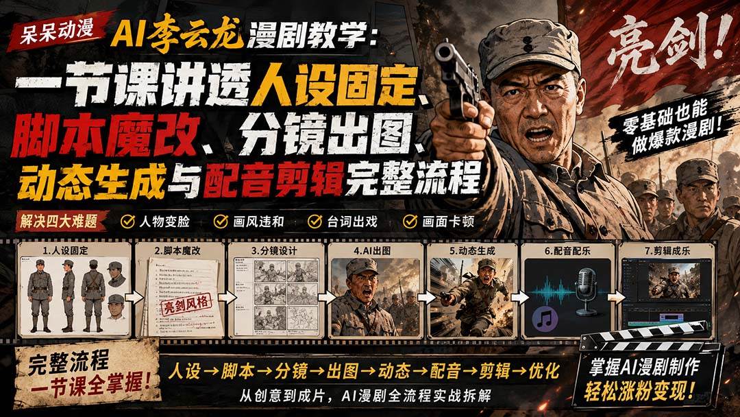 (20107期)呆呆动漫AI李云龙漫剧教学:一节课讲透人设固定、脚本魔改、分镜出图、动态生成与配音剪辑完整流程-资源共享