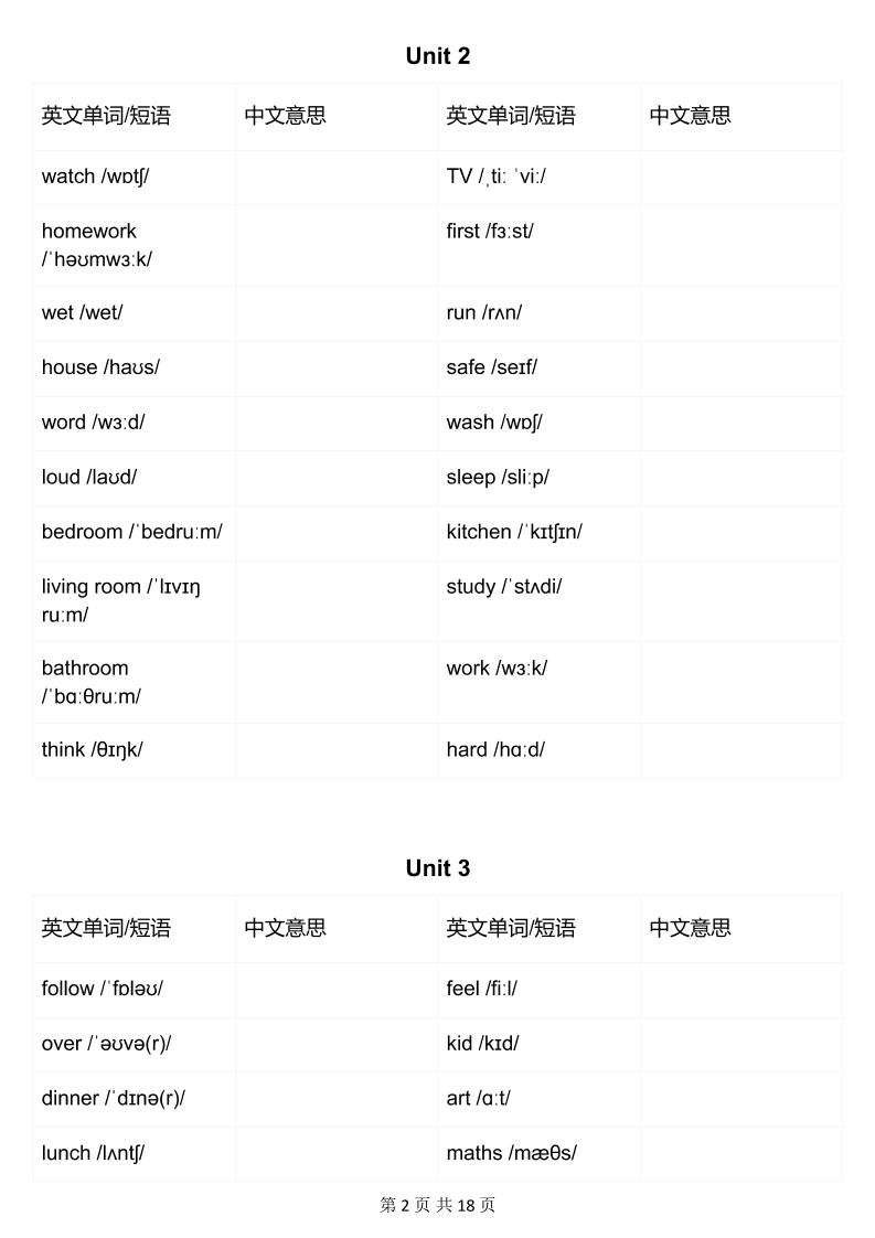 四年级下英语英汉互译练习《人教版PEP》-资源共享