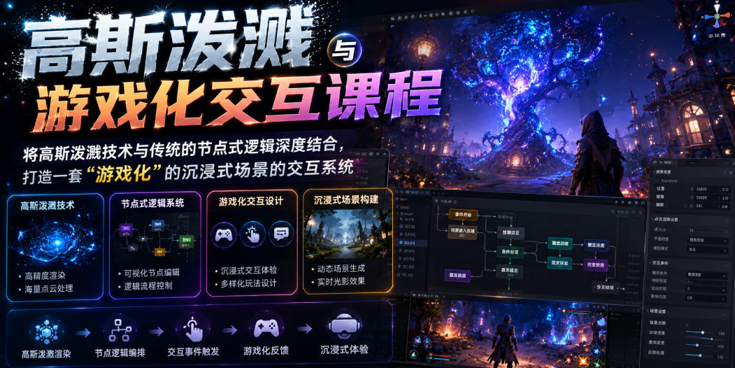 高斯泼溅与游戏化交互课程，将高斯泼溅技术与传统的节点式逻辑深度结合，打造一套“游戏化”的沉浸式场景的交互系统-资源共享