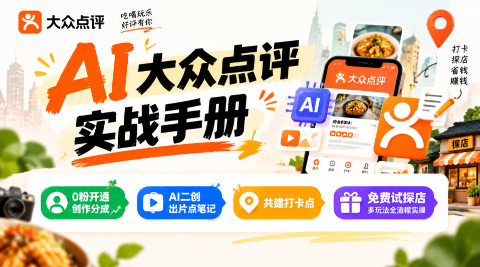 某局的AI大众点评实战手册,0粉开通创作分成、AI二创出片点笔记、共建打卡点、免费试探店多玩法全流程实操-资源共享