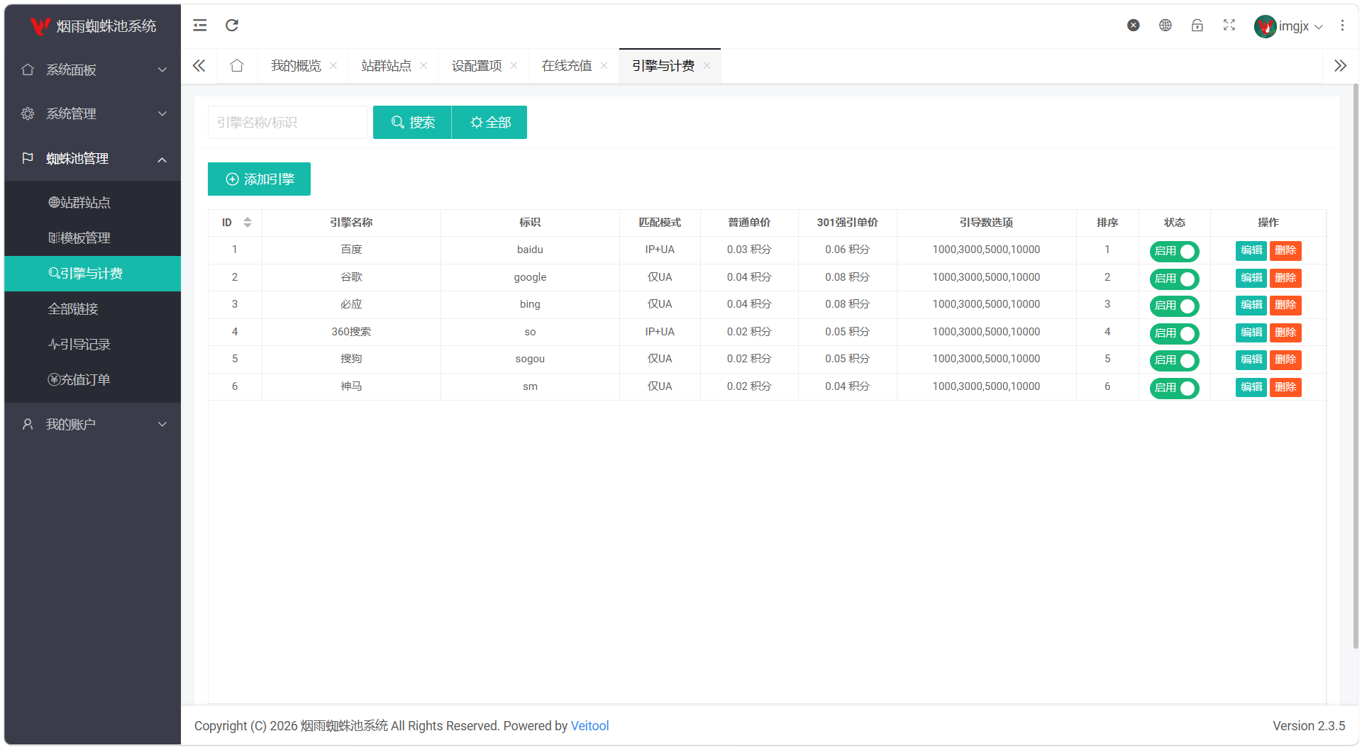 最新多用户站群蜘蛛池/SaaS系统/积分/六大引擎计费/易支付对接 最新多用户站群蜘蛛池/SaaS系统/积分/六大引擎计费/易支付对接