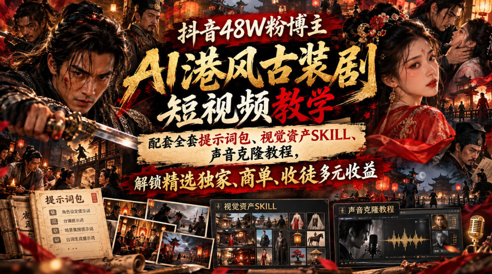 抖音48W粉博主AI港风古装剧短视频教学，配套全套提示词包、视觉资产SKILL、声音克隆教程，解锁精选独家、商单、收徒多元收益-资源共享