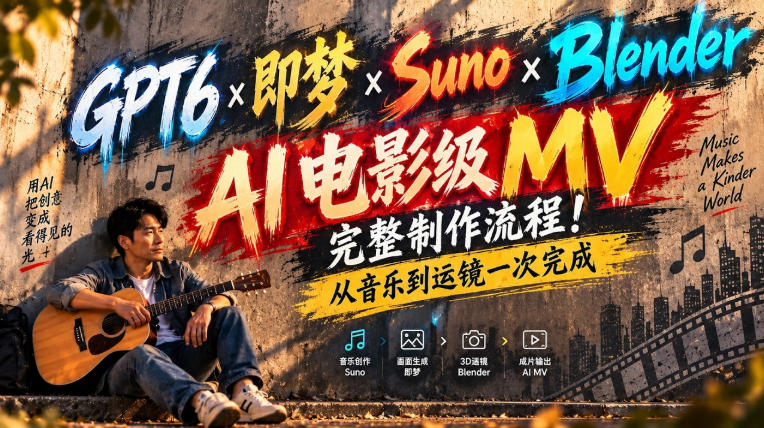 GPT6×即梦×Suno×Blender｜AI电影级MV完整制作流程！从音乐到运镜一次完成！-资源共享
