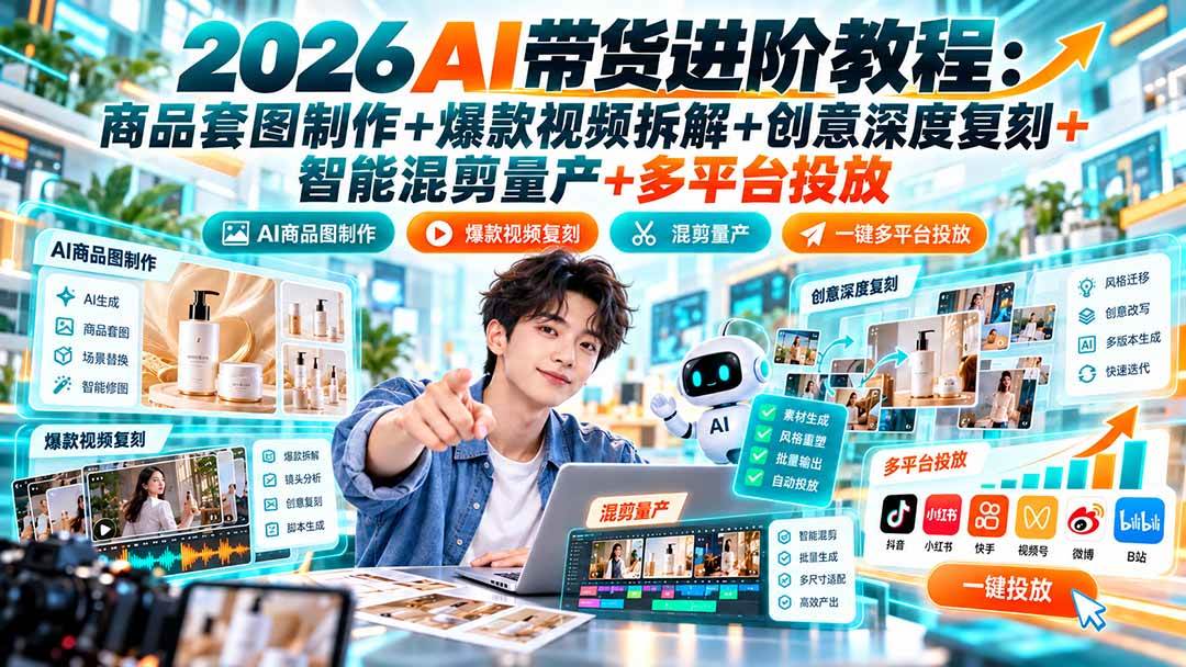 (20857期)2026AI带货进阶教程:商品套图制作+爆款视频拆解+创意深度复刻+智能混剪量产+多平台投放-资源共享