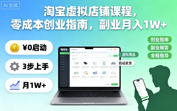 淘宝虚拟店铺课程，零成本创业指南，副业月入1W+-资源共享