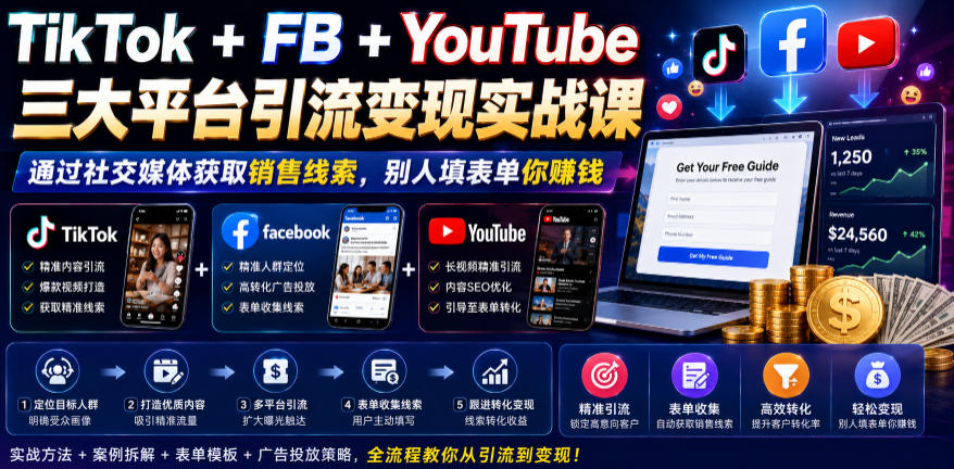 TikTok+FB+YouTube三大平台引流变现实战课,通过社交媒体获取销售线索,别人填表单你賺钱【原创双语字幕】-资源共享