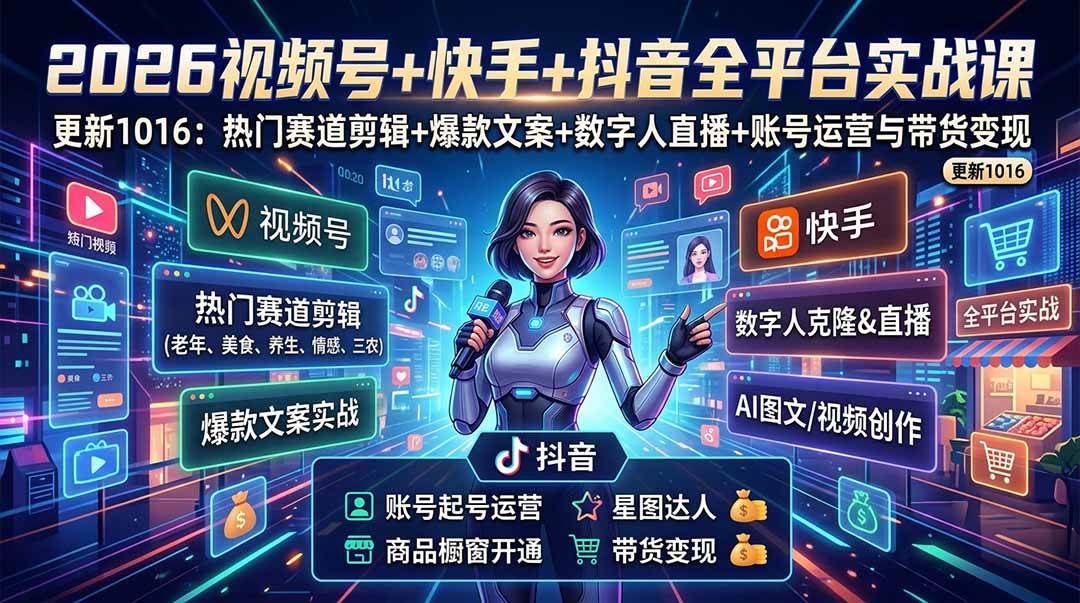 （20997期）视频号+快手+抖音三大平台的全栈剪辑+数字人直播实战课-3月更新：快速实现短视频变现