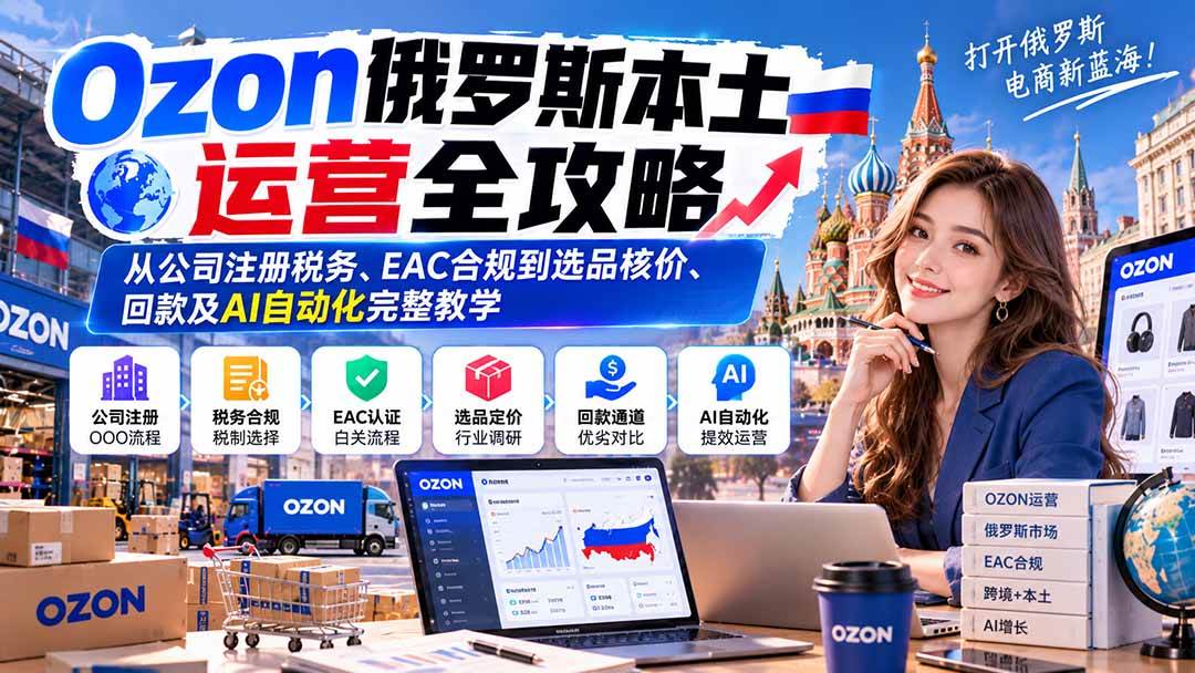 (20851期)Ozon俄罗斯本土运营全攻略:从公司注册税务、EAC合规到选品核价、回款及AI自动化完整教学-资源共享