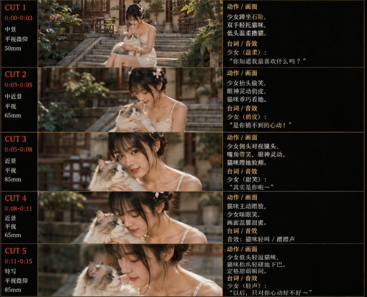 美女和猫故事提示词,人物一致性提示词+故事板-资源共享