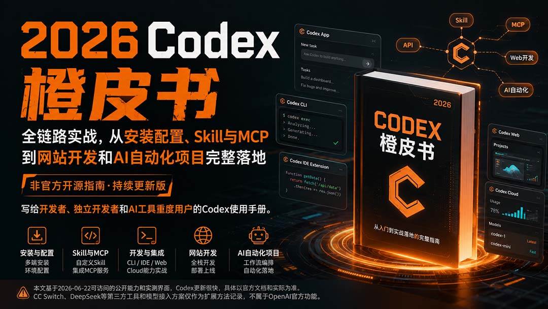 (20105期)2026Codex橙皮书:全链路实战,从安装配置、Skill与MCP到网站开发和AI自动化项目完整落地 (20105期)2026Codex橙皮书:全链路实战,从安装配置、Skill与MCP到网站开发和AI自动化项目完整落地