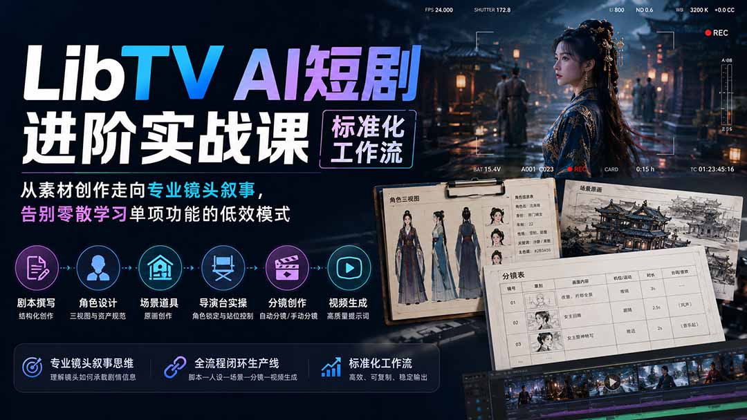 LibTV AI短剧进阶实操课标准化工作流；从素材创作走向专业镜头叙事，告别零散学习单项功能的低效模式-资源共享