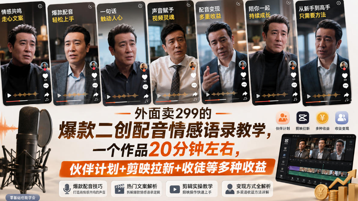 外面卖299的爆款二创配音情感语录教学,一个作品20分钟左右,伙伴计划+剪映拉新+收徒等多种收益 外面卖299的爆款二创配音情感语录教学,一个作品20分钟左右,伙伴计划+剪映拉新+收徒等多种收益