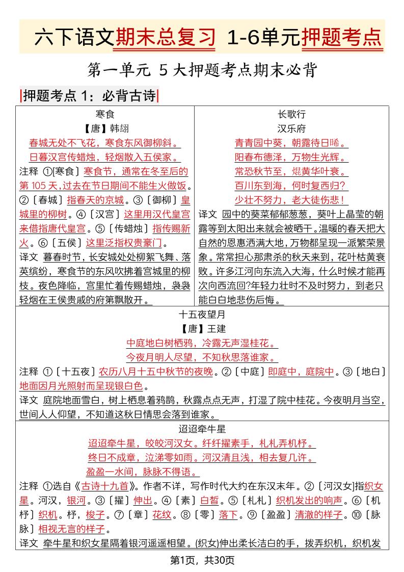 六年级下语文期末总复习1-6单元押题考点