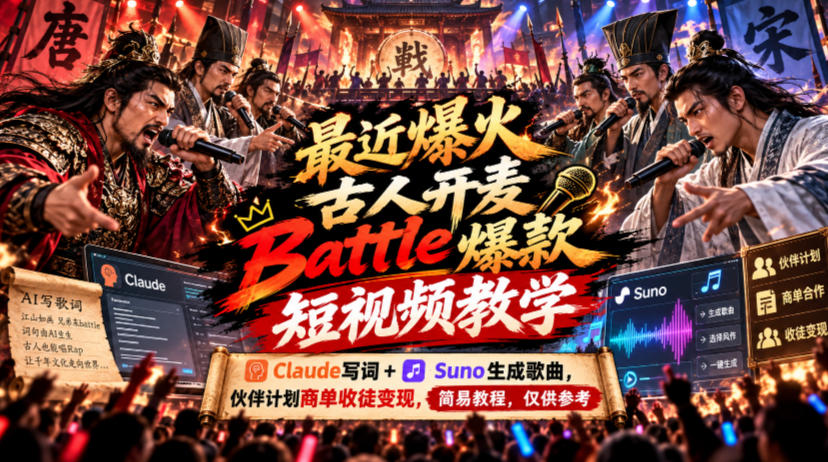 最近爆火古人开麦Battle爆款短视频教学,Claude写词+Suno生成歌曲,伙伴计划商单收徒变现,简易教程,仅供参考-资源共享