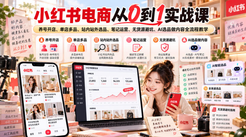 小红书电商从0到1实战课｜养号开店、单店多品、站内站外选品、笔记运营、无货源避坑、AI选品做内容全流程教学-资源共享