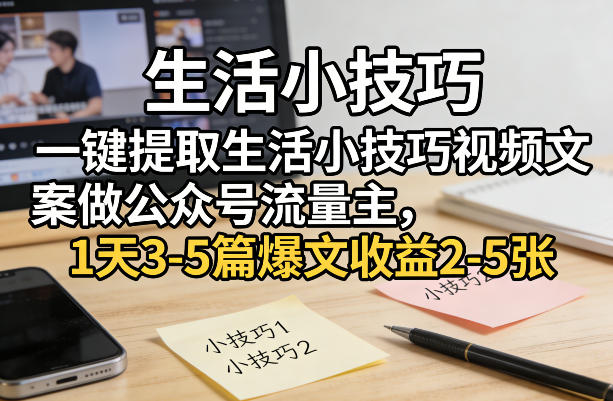 一键提取生活小技巧视频文案做公众号流量主，1天3-5篇爆文收益2-5张-资源共享