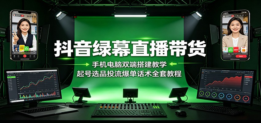 抖音绿幕直播带货:手机电脑双端搭建教学,起号选品投流爆单话术全套教程-资源共享