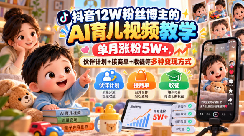抖音12W粉丝博主的AI育儿视频教学,单月涨粉5W+,伙伴计划+接商单+收徒等多种变现方式 抖音12W粉丝博主的AI育儿视频教学,单月涨粉5W+,伙伴计划+接商单+收徒等多种变现方式