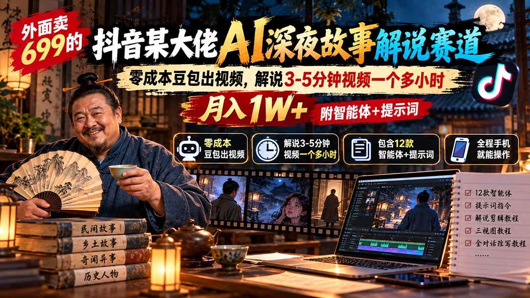(20853期)外面卖699抖音某大佬AI深夜故事解说赛道-更新:0成本豆包出视频+解说3-5分钟视频一个多小时,月入1W+附智能体+提示词-资源共享