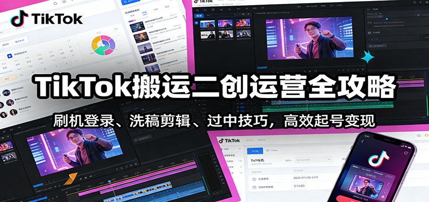 TikTok搬运二创运营全攻略：刷机登录、洗稿剪辑 、过中技巧，高效起号变现-资源共享