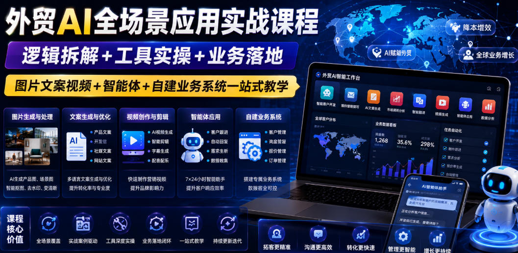 外贸AI全场景应用实战课程｜逻辑拆解+工具实操+业务落地，图片文案视频+智能体+自建业务系统一站式教学-资源共享