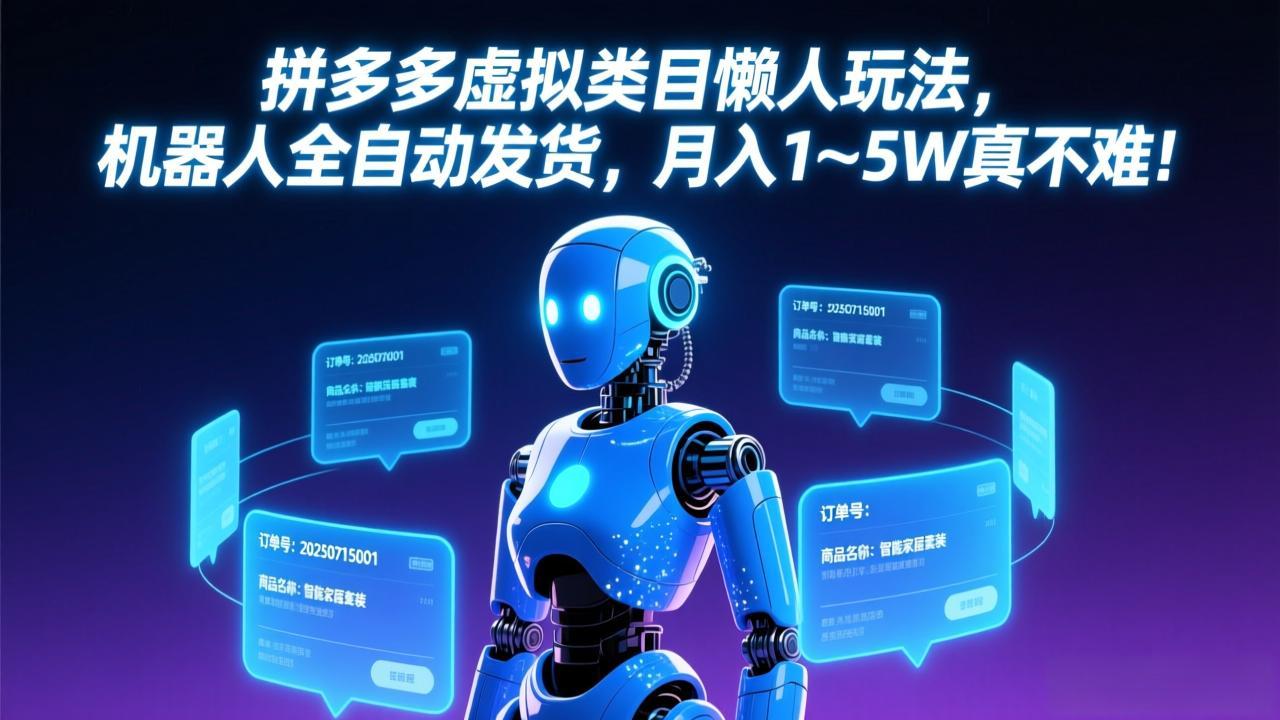 拼多多虚拟类目懒人玩法，机器人全自动发货，月入 1-5W 真不难！-资源共享