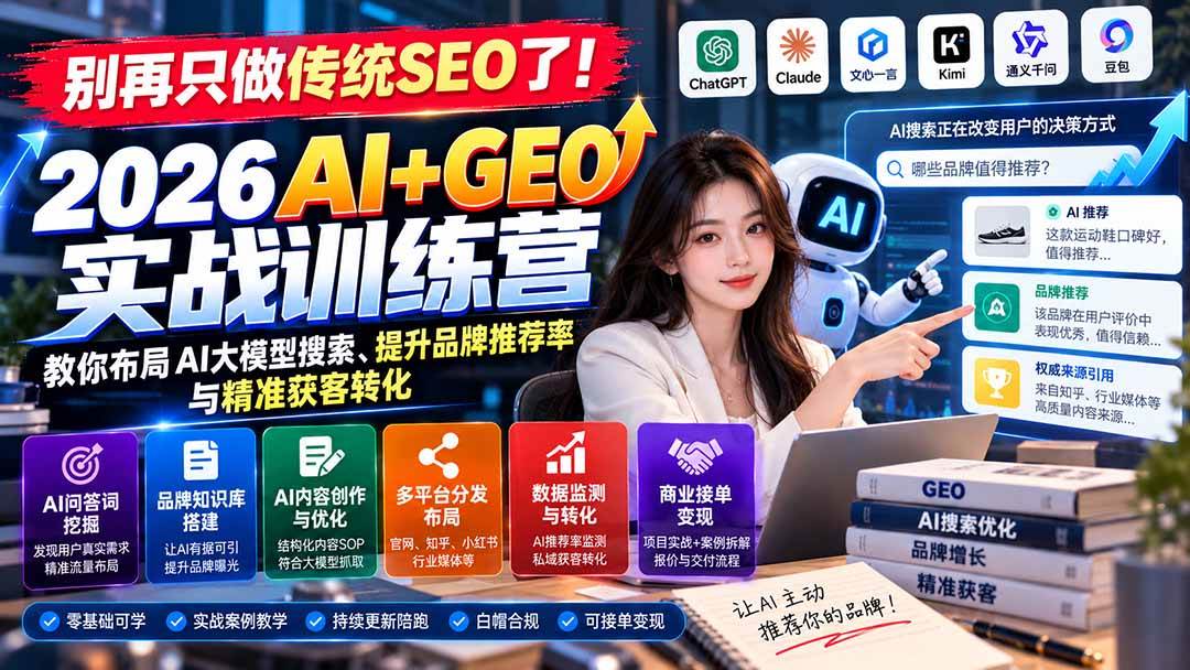 (21191期)别再只做传统SEO了!《2026AI+GEO实战训练营》教你布局AI大模型搜索、提升品牌推荐率与精准获客转化 (21191期)别再只做传统SEO了!《2026AI+GEO实战训练营》教你布局AI大模型搜索、提升品牌推荐率与精准获客转化