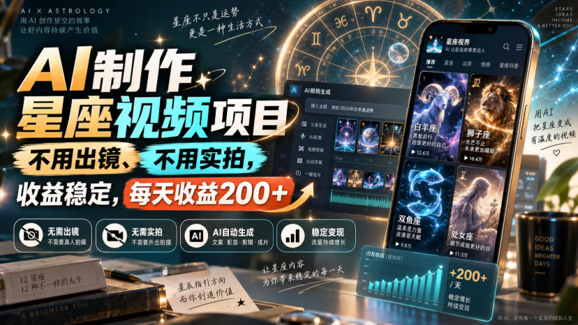 AI制作星座视频项目,不用出镜、不用实拍,收益稳定,每天收益200+