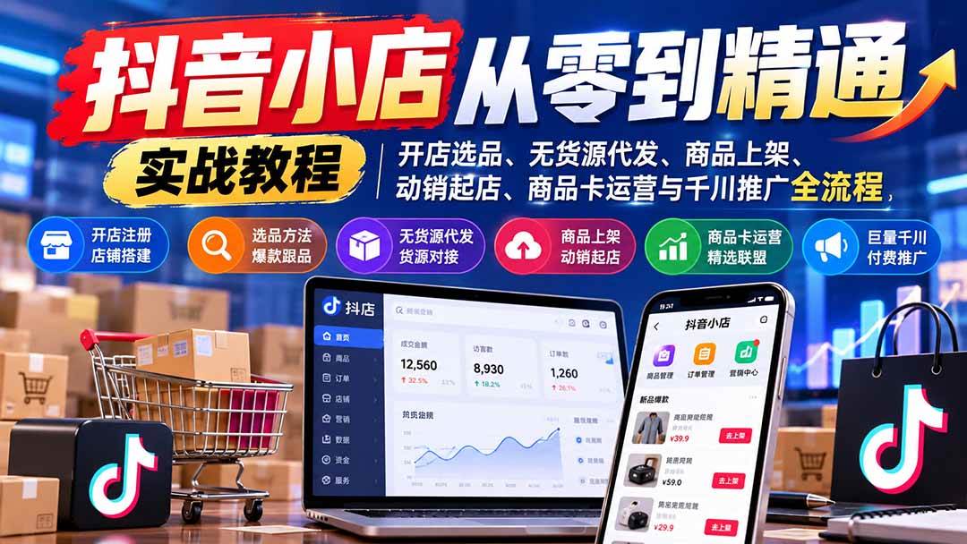 （21264期）抖音小店从零到精通实战教程：开店选品、无货源代发、商品上架、动销起店、商品卡运营与千川推广全流程