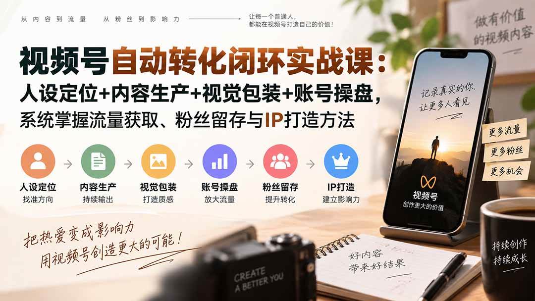 （20327期）视频号自动转化闭环实战课：人设定位+内容生产+视觉包装+账号操盘，系统掌握流量获取、粉丝留存与IP打造方法-资源共享