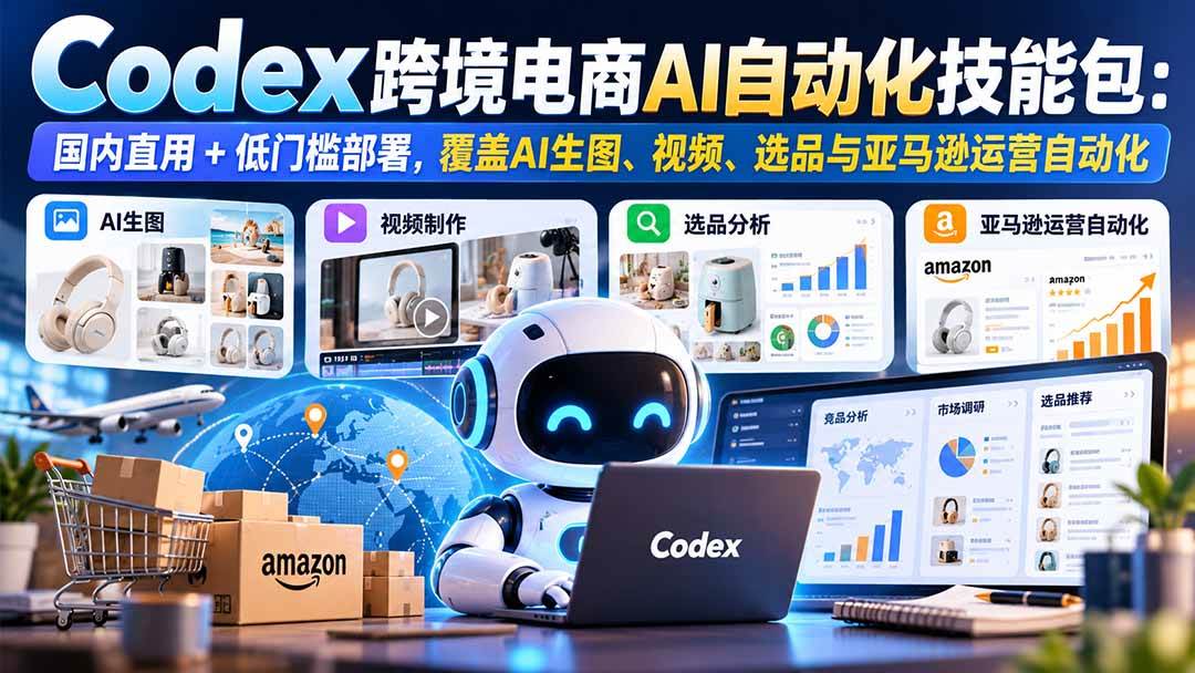 (20752期)【无水印】Codex跨境电商AI自动化技能包:国内直用+低门槛部署,覆盖AI生图、视频、选品与亚马逊运营自动化-资源共享