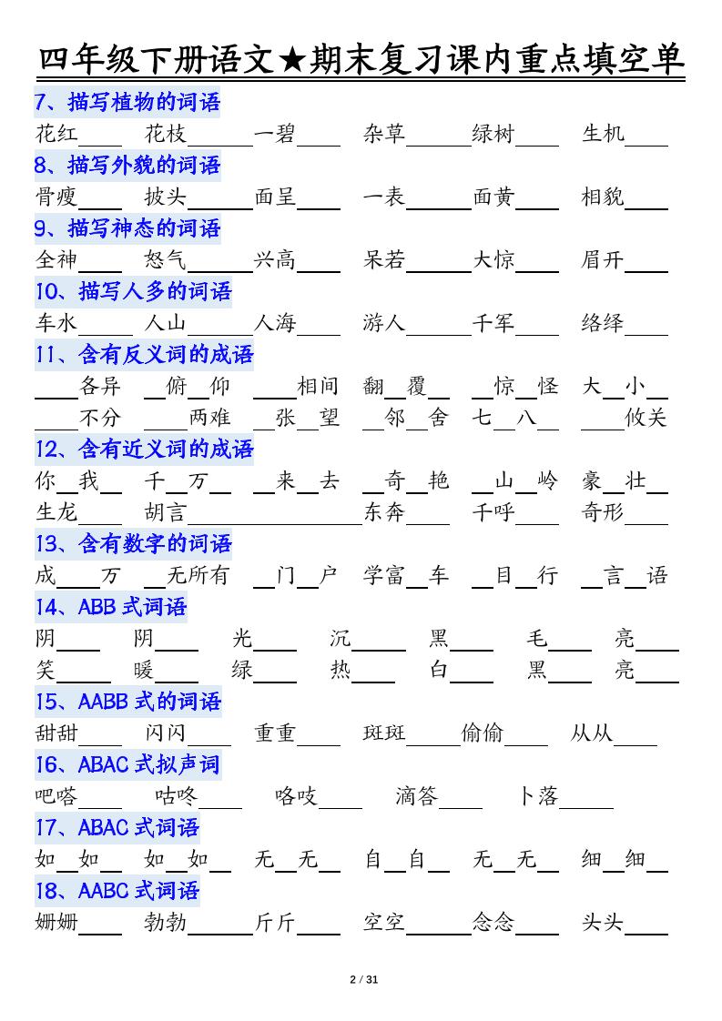 四年级下语文期末重点课内知识填空单（填空版）-资源共享