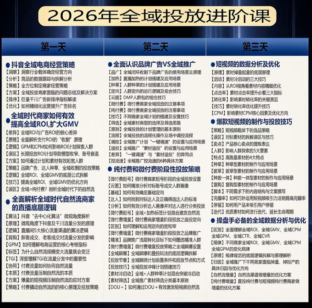 千川扫地僧2026抖音全域投放进阶课,少走弯路·快速起量·掌控增长,6月12-14号杭州线下课-资源共享