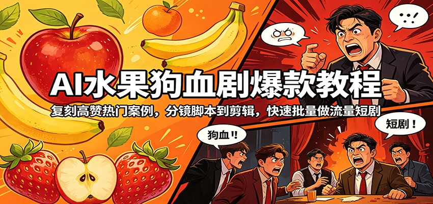 AI水果狗血剧爆款教程:复刻高赞热门案例,分镜脚本到剪辑,快速批量做流量短剧-资源共享