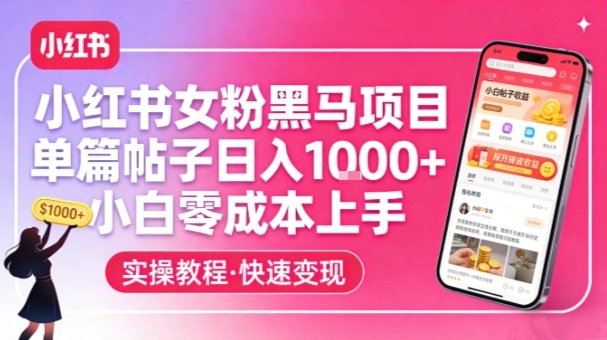 小红书女粉黑马项目，单篇帖子日入1k+，小白零成本上手-资源共享