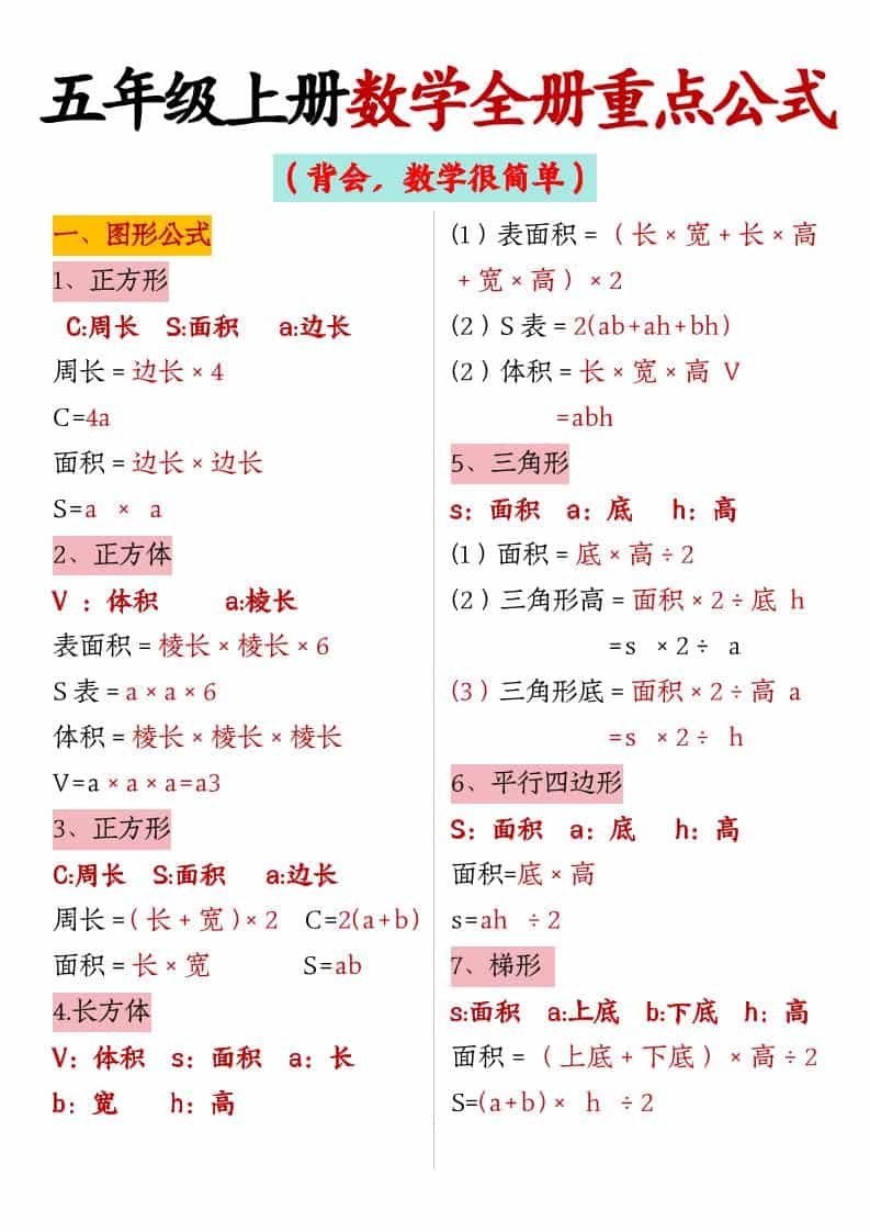 五年级上数学全册重点公式