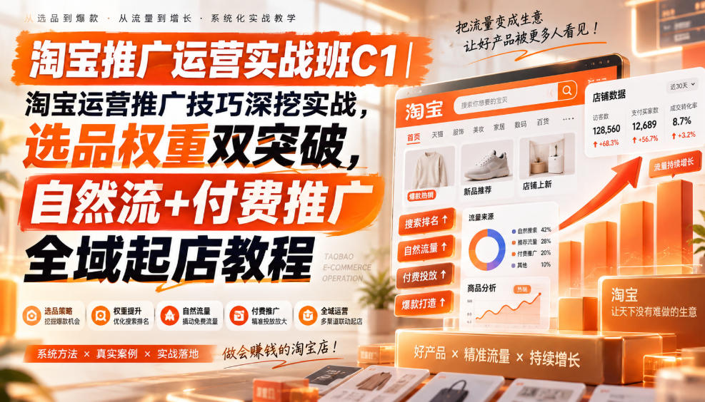 淘宝推广运营实战班C1｜淘宝运营推广技巧深挖实战，选品权重双突破，自然流+付费推广全域起店教程-资源共享