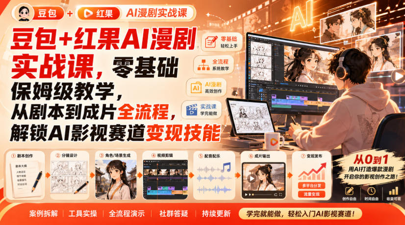 豆包+红果AI漫剧实战课，零基础保姆级教学，从剧本到成片全流程，解锁AI影视赛道变现技能-资源共享