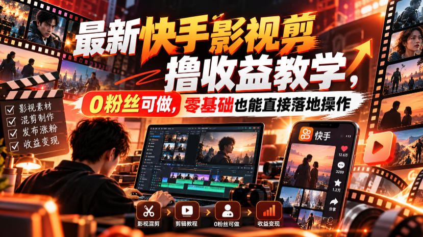 最新快手影视混剪撸收益教学，0粉丝可做，零基础也能直接落地操作-资源共享