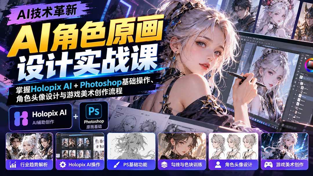 (20837期)AI角色原画设计实战课:掌握Holopix AI+Photoshop基础操作、角色头像设计与游戏美术创作流程-资源共享