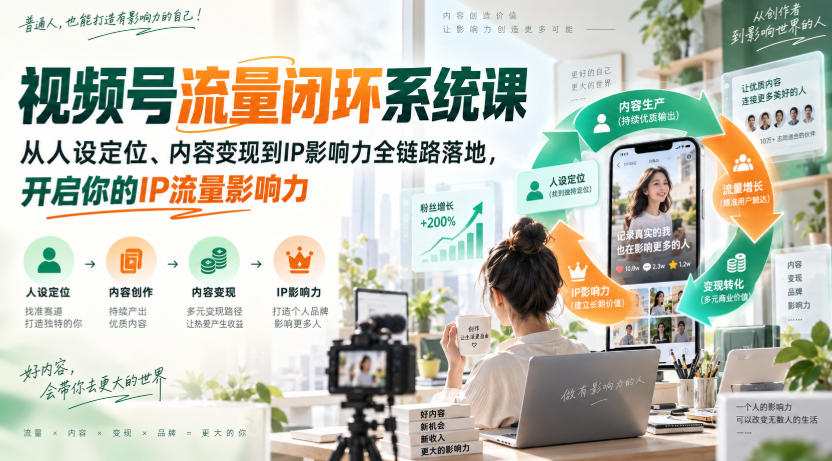 视频号流量闭环系统课，从人设定位、内容变现到IP影响力全链路落地，开启你的IP流量影响力-资源共享