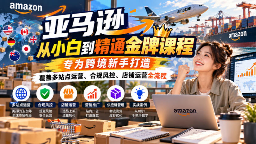 亚马逊从小白到精通金牌课程，专为跨境新手打造，覆盖多站点运营、合规风控、店铺运营全流程-资源共享