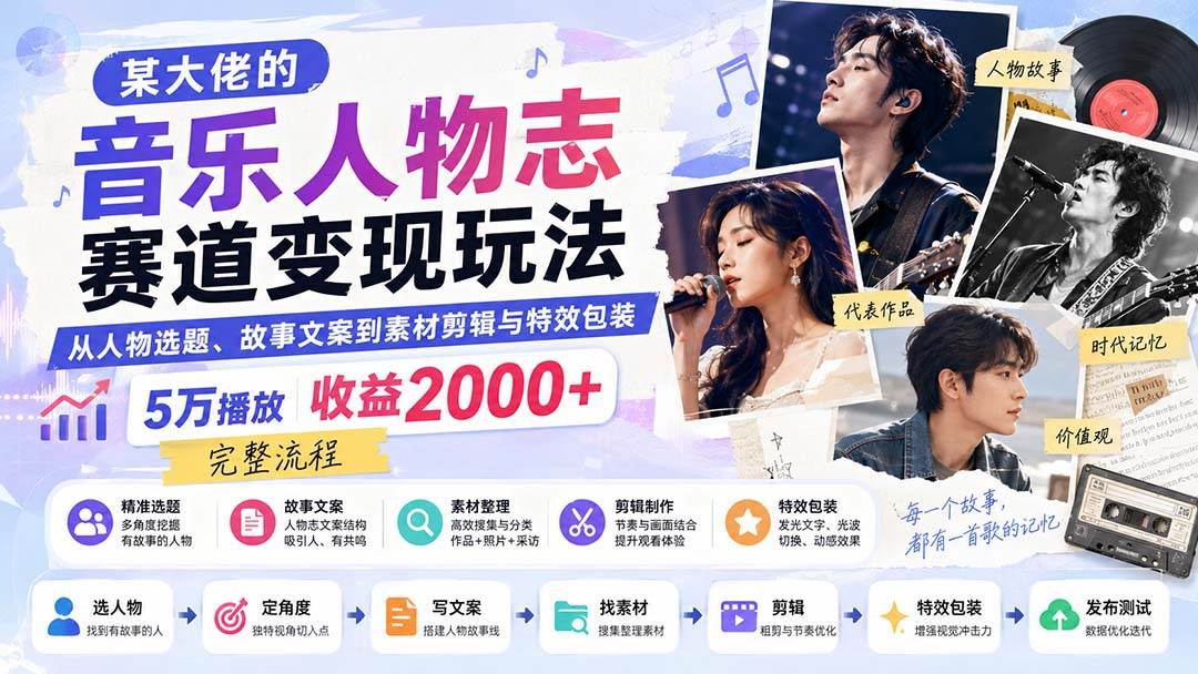 (20121期)某大佬的音乐人物志赛道变现玩法:从人物选题、故事文案到素材剪辑与特效包装,5万播放收益2000+完整流程-资源共享
