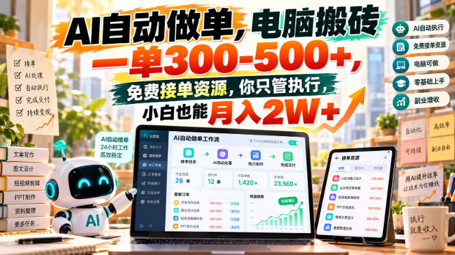 AI自动做单,电脑搬砖一单300-500+,免费接单资源,你只管执行,小白也能月入2W+【揭秘】-资源共享